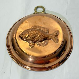 Vintage Copper Fish Mold - Tin Lined w/ Brass Handle - Wall Hanging 7¾"
